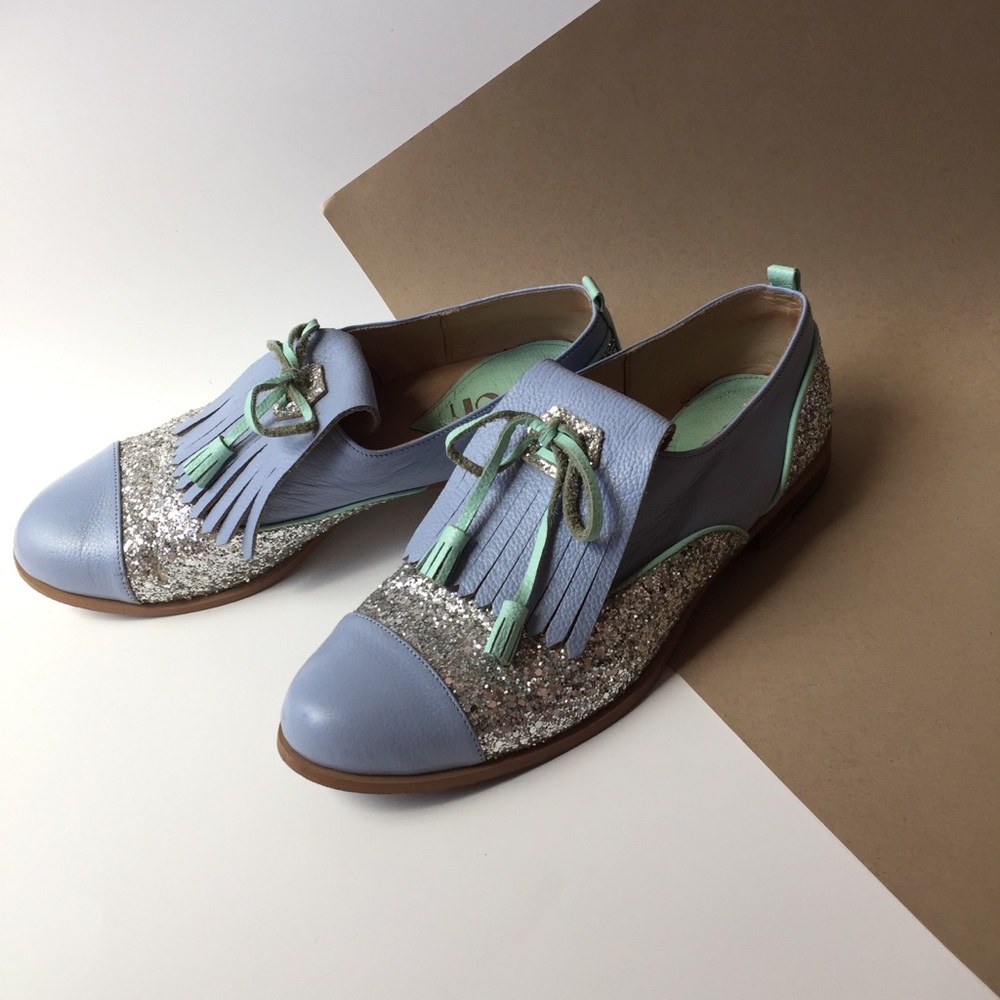 Croon mint and purple oxford tassel loafers